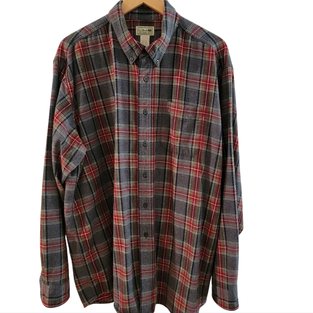 LL Bean Men’s Plaid Flannel Shirt Button Down Traditional Fit XXL Gray Red‎